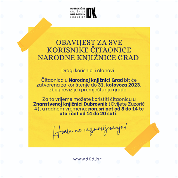 Čitaonica u Narodnoj knjižnici Grad zatvorena za korisnike do 31. kolovoza 2023.