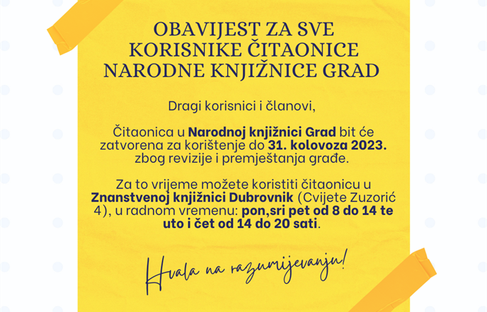 Čitaonica u Narodnoj knjižnici Grad zatvorena za korisnike do 31. kolovoza 2023.