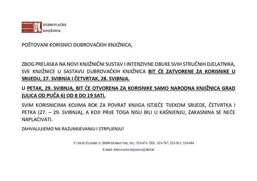 Obavijest o privremeno izmijenjenom radnom vremenu Dubrovačkih knjižnica